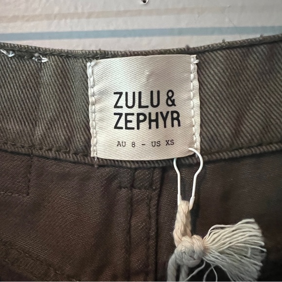 Zulu & Zephyr 100% Cotton Denim Shorts High Waist Olive - Picture 5 of 8